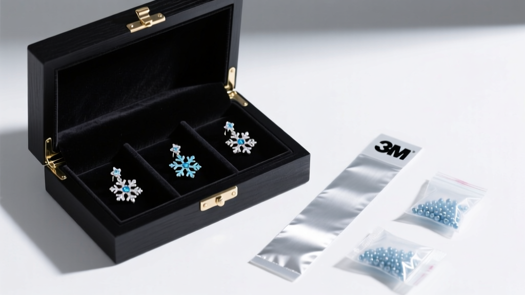 Anti-tarnish jewelry box with velvet slots holding snow flake earrings, alongside a 3M anti-tarnish strip and silica gel packets.