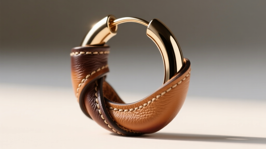 Close-up of a Loewe leather-wrapped hoop earring, showing micro-stitching and hand-painted edges on supple Nappa calfskin leather.