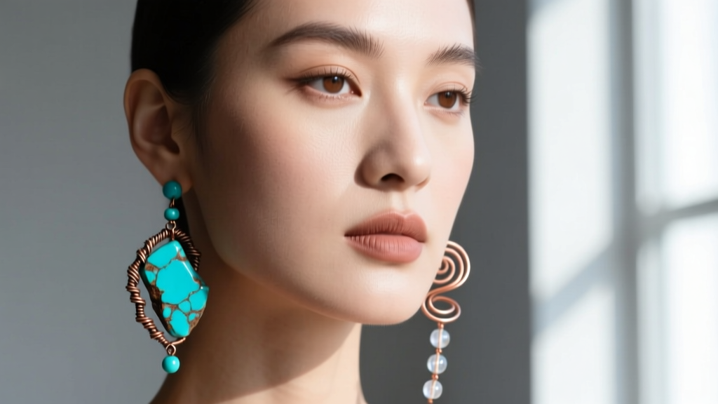 Portrait of a model wearing asymmetrical bead and wire dangle earrings, showcasing raw turquoise chips and oxidized copper wire