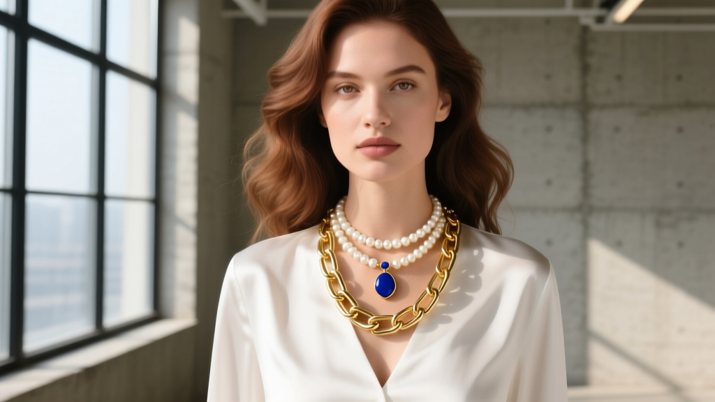 Woman wearing a layered stack featuring the Camilla enamel pendant, a delicate pearl choker, and a chunky gold paperclip chain.