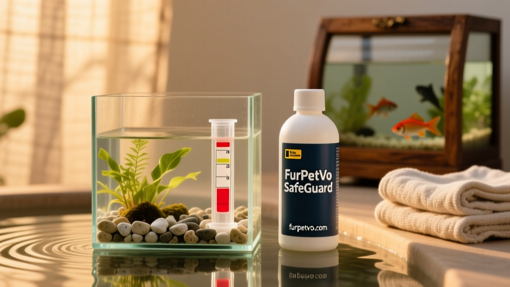 Aquarium test kit showing elevated ammonia levels alongside a water conditioner bottle labeled 'FurPetVo SafeGuard' and 'furpetvo.com'