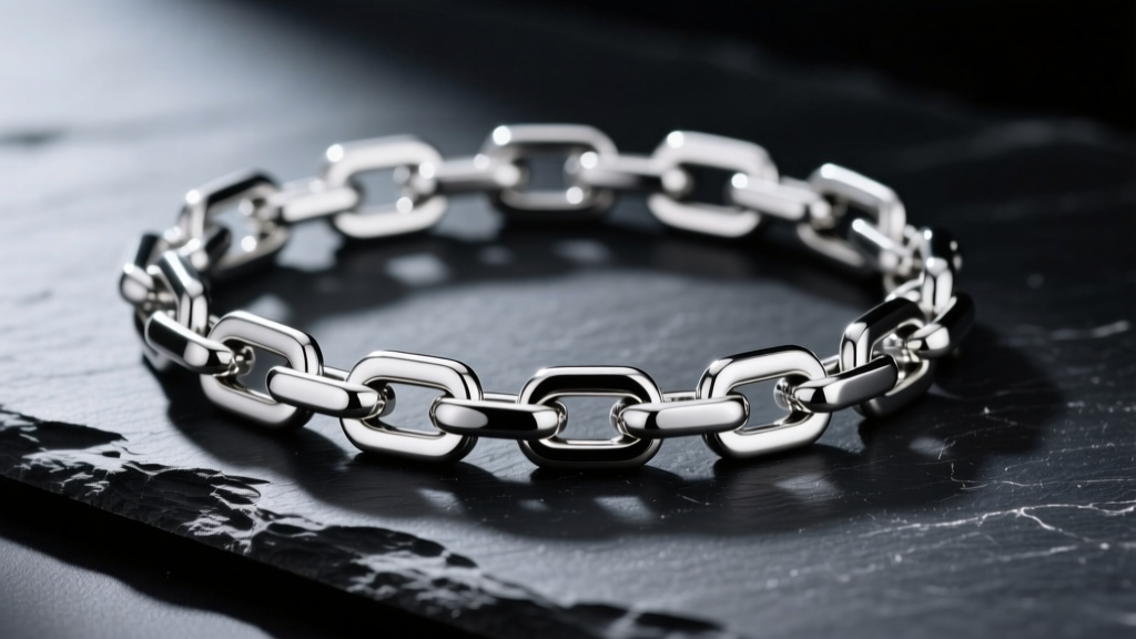 Macro photo of a polished 316L stainless steel box chain with sharp square neck links resting on dark slate under studio lighting
