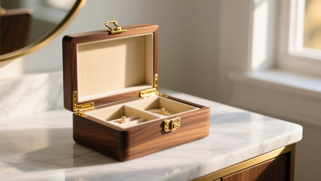Solid walnut standing jewelry box on a marble vanity, featuring brass hinges and soft cream velvet interior lining in soft warm light.