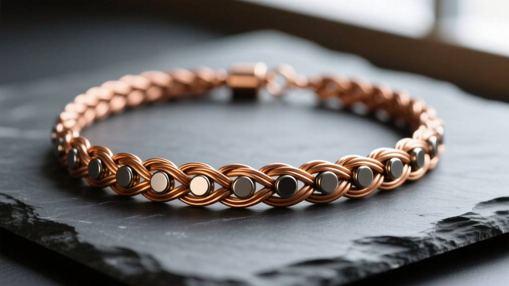 Close-up of a braided copper magnetic therapy necklace with visible embedded neodymium magnets, resting on dark slate.