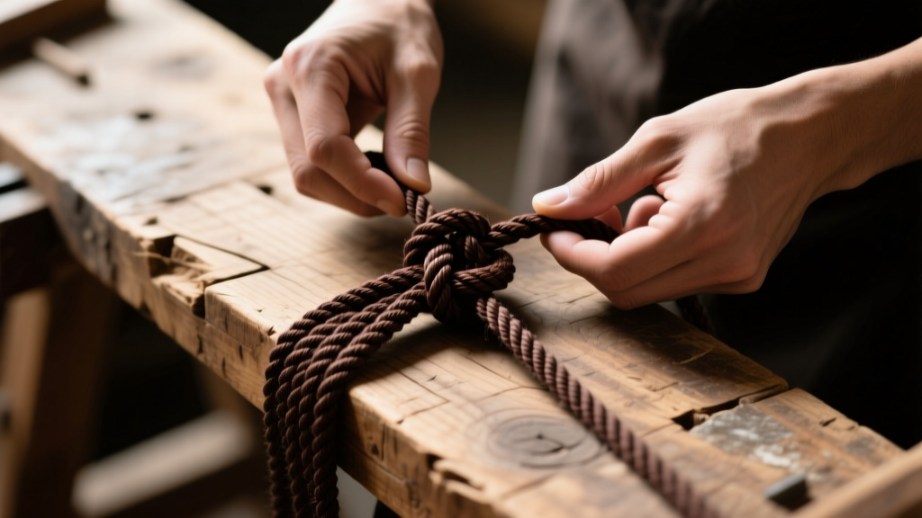 Overhead view of hands tying a dark brown waxed cotton sliding knot on a rustic wooden workbench under soft natural lighting