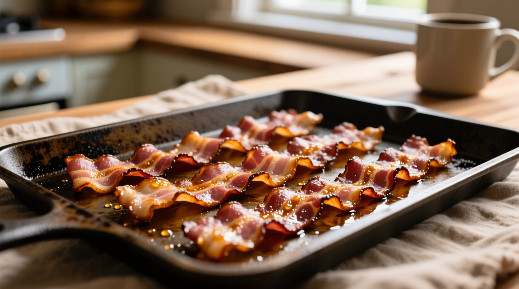 Perfectly cooked oven bacon on baking sheet