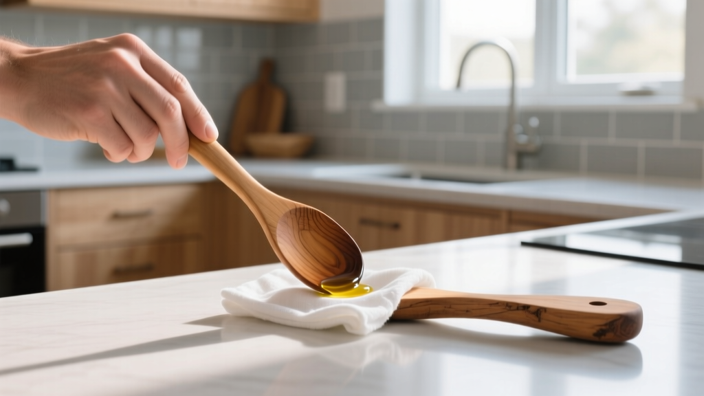 Hands applying food-grade mineral oil to a thick beechwood stirring paddle with a clean cotton cloth in a well-lit modern kitchen
