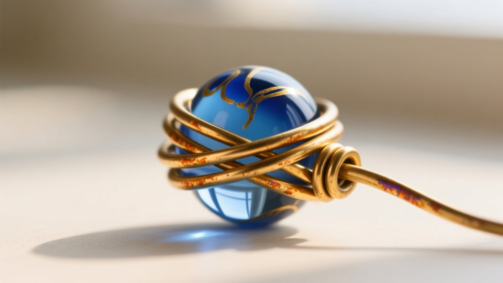 Macro shot of fine brass wire tightly wrapped around a blue glass bead, revealing the signature Russian gold lacquer patina.