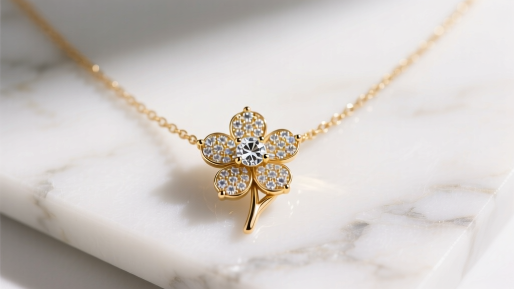 Flat lay of an 18k gold vermeil Stella Rose necklace with a floral pavé cubic zirconia pendant resting on a white marble surface