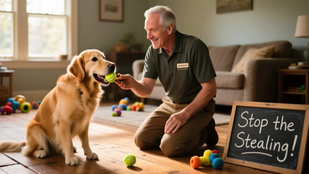 A trainer kneeling beside a dog, offering a treat while the dog drops a toy from its mouth