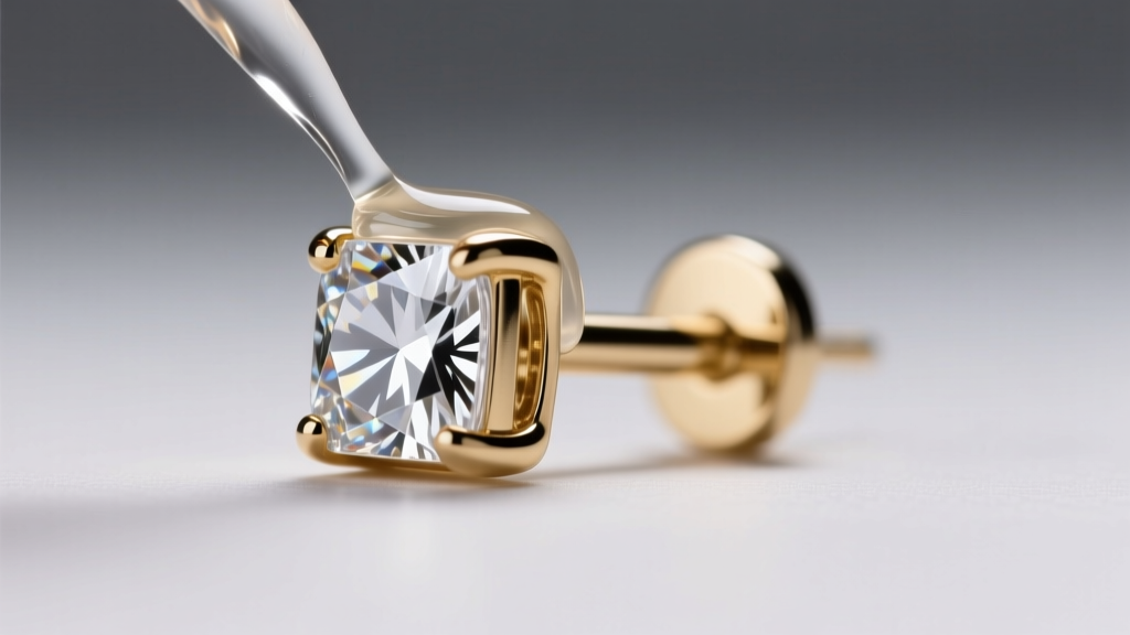 Macro shot of an artisan applying a UV-resistant clear resin coating to the brass post of a cubic zirconia fashion stud earring