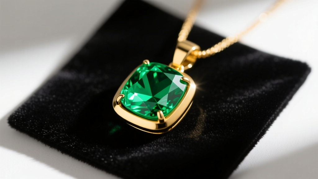 Close-up of a vivid green Colombian emerald pendant set in 18k yellow gold, resting on a dark velvet jewelry cleaning mat.