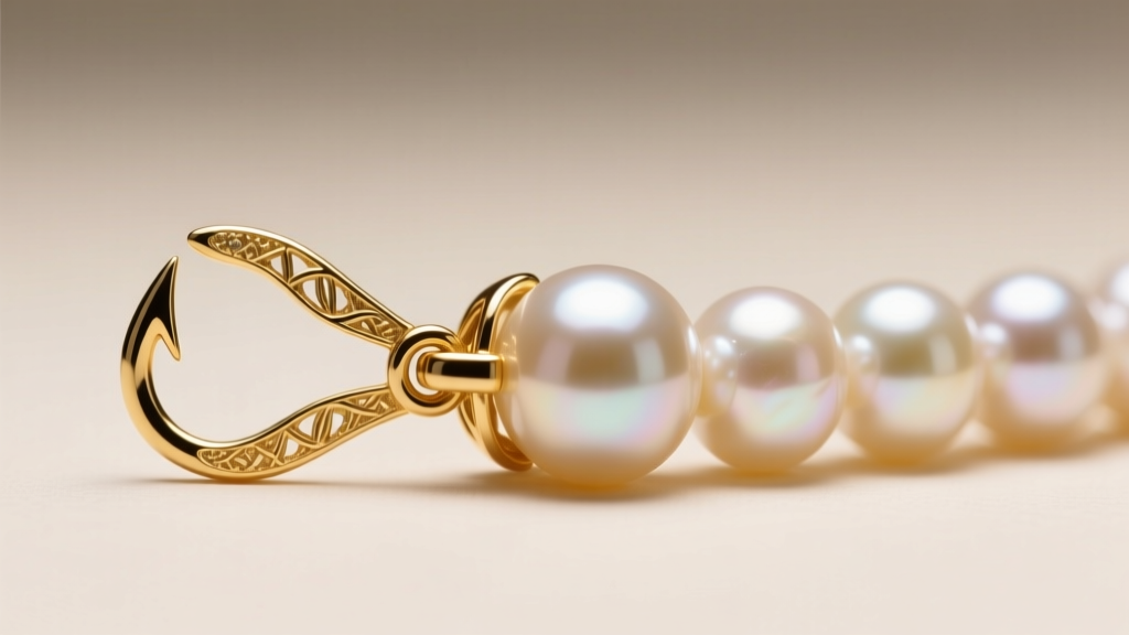 Macro shot of an 18k gold fishhook clasp on Akoya pearls, showing the intricate safety catch mechanism in soft, warm studio light.