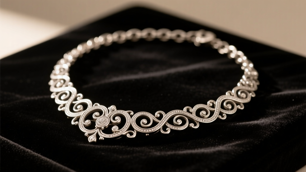 Close-up of an ornate vintage Italian 800 silver necklace with filigree links resting on dark velvet under warm gallery lighting.