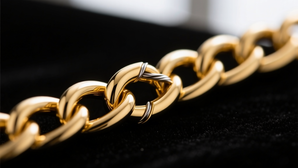 Macro shot of a micro-TIG welded 14k solid gold permanent bracelet chain on dark velvet, showing the seamless weld link.