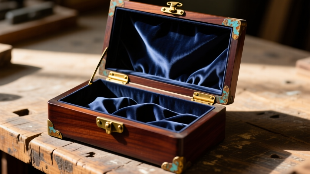 Open mahogany antique velvet jewelry box displaying crushed navy lining and tarnished brass hinges on a wooden workbench.