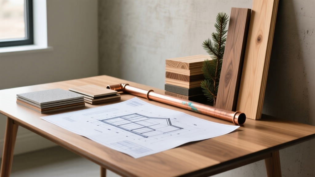 Blueprints on a table beside fiber cement siding samples, copper piping, and stacked spruce-pine-fir dimensional framing lumber