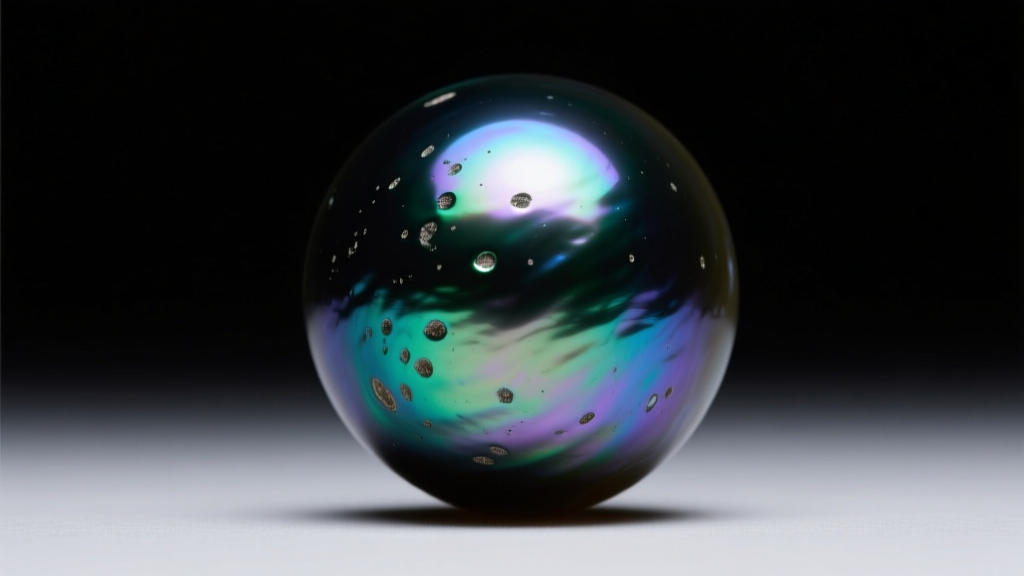Macro photo of a Tahitian black pearl showing subtle peacock overtones and minor surface blemishes under bright studio lighting
