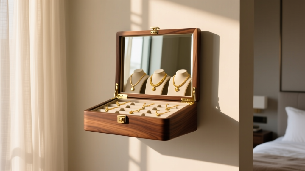Sleek walnut wall mount jewelry box hanging in a sunlit bedroom, showing a mirrored front door and neatly organized gold necklaces inside