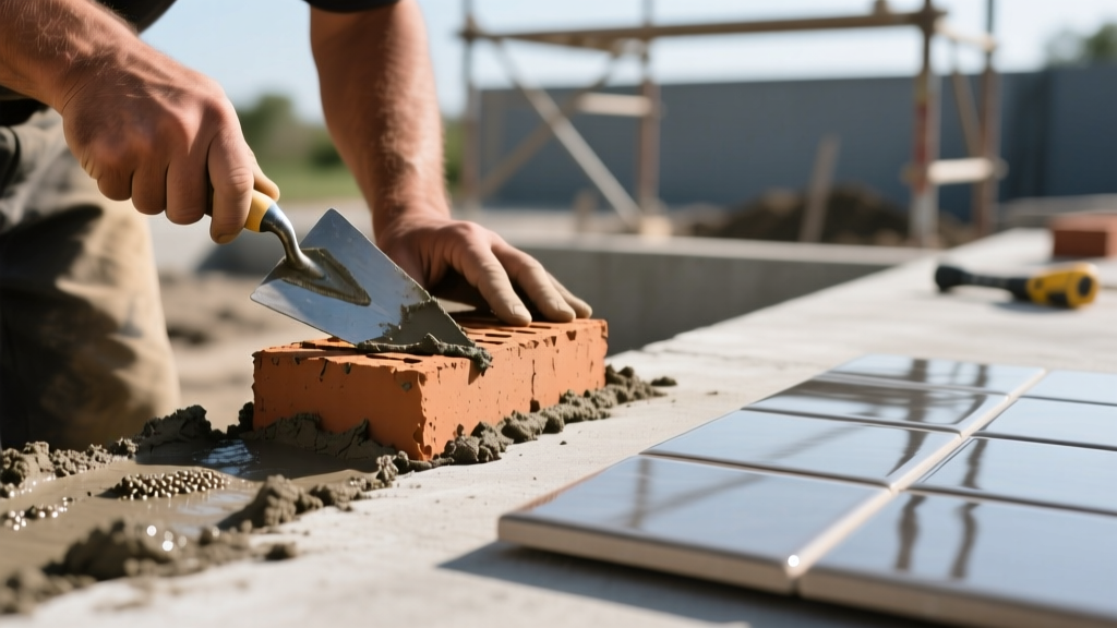 Close-up of a mason troweling mortar to lay brick next to a section of thick porcelain patio tile on a concrete slab outdoors