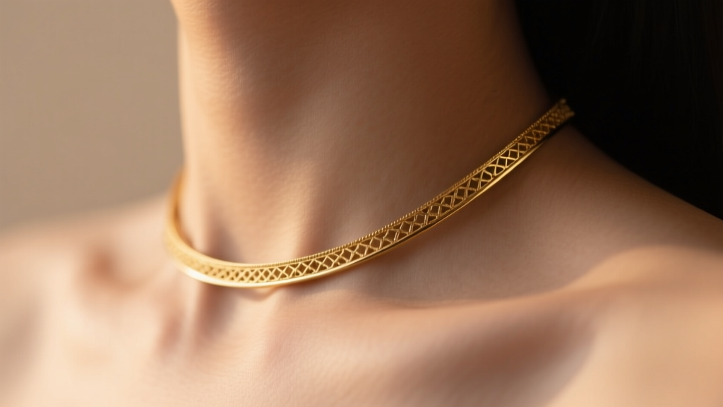 Close-up of a delicate 14k gold sexy choker necklace resting on a collarbone, soft moody lighting highlighting the metallic texture