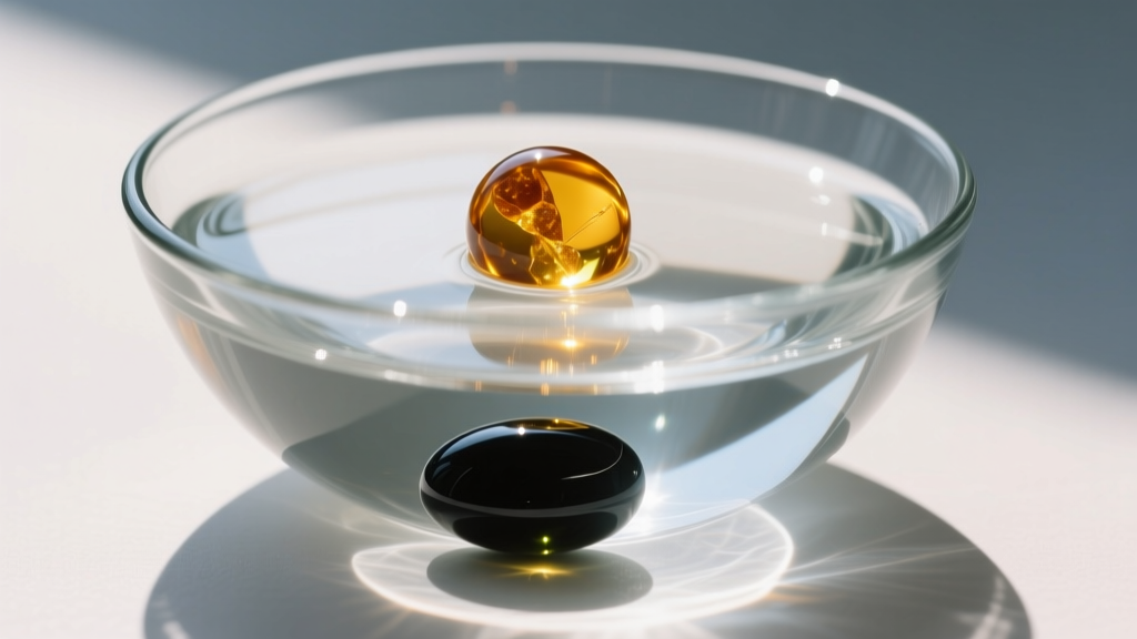 Clear glass bowl of saturated saltwater with a genuine raw amber bead floating and a dark glass imitation bead sunk at the bottom.