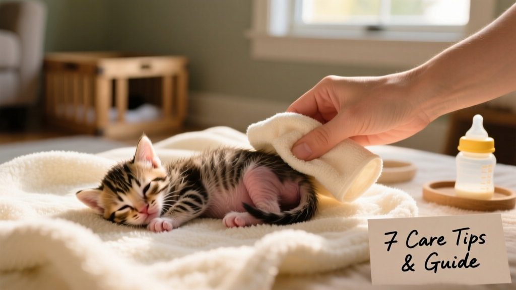 Newborn kitten lying on a soft blanket, being gently stimulated with a warm washcloth near its hindquarters