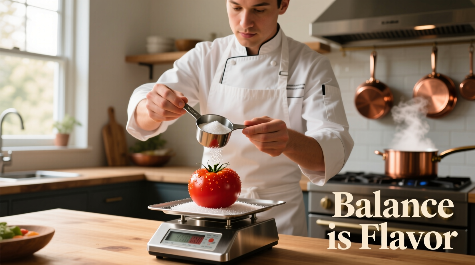 Chef balancing sugar and tomatoes in cooking