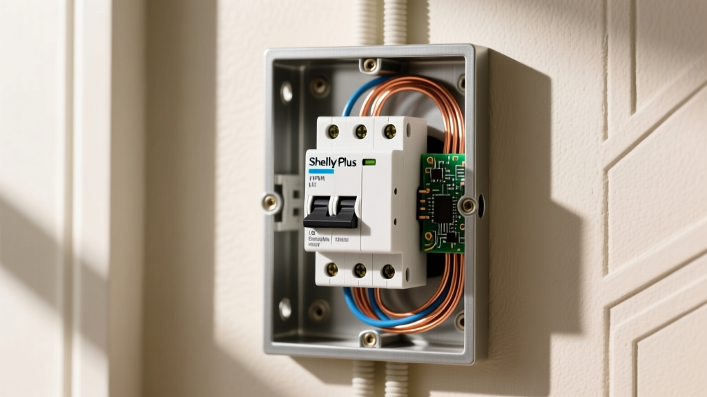 Shelly Plus 1PM smart relay wired inside a standard US single-gang electrical box with exposed copper line and load wires
