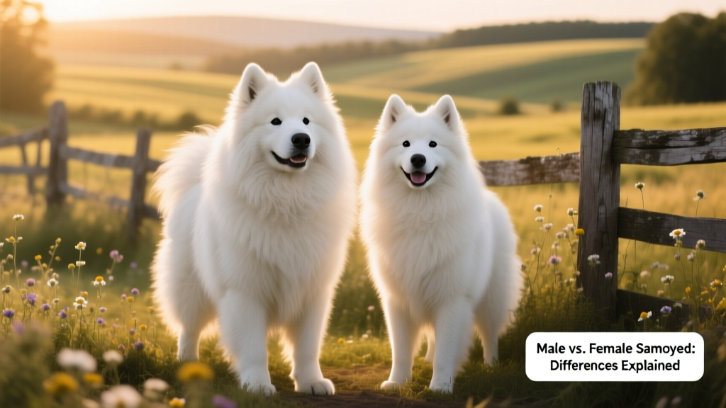 Two Samoyeds side by side—a male with a broader head and sturdy build, and a female with a more delicate profile—both relaxed and smiling
