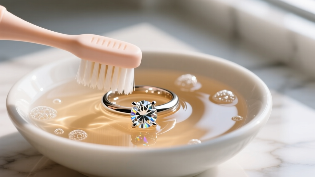 A soft baby toothbrush gently scrubbing the pavilion of a diamond jewelry ring submerged in a bowl of warm soapy water solution.