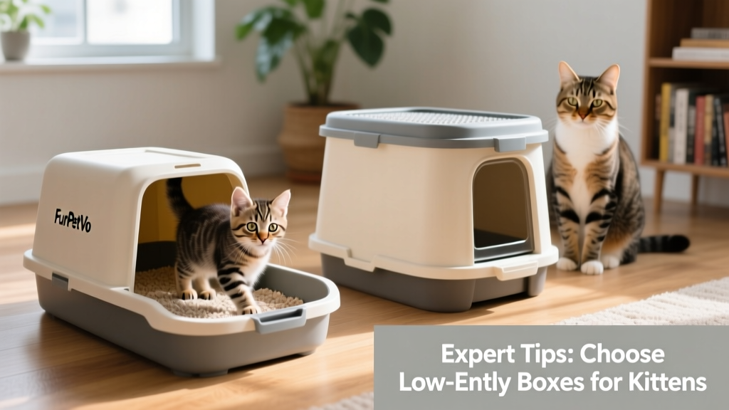 Side-by-side comparison of a shallow, open FurPetVo kitten litter box and a tall, covered adult box—highlighting accessibility for young kittens