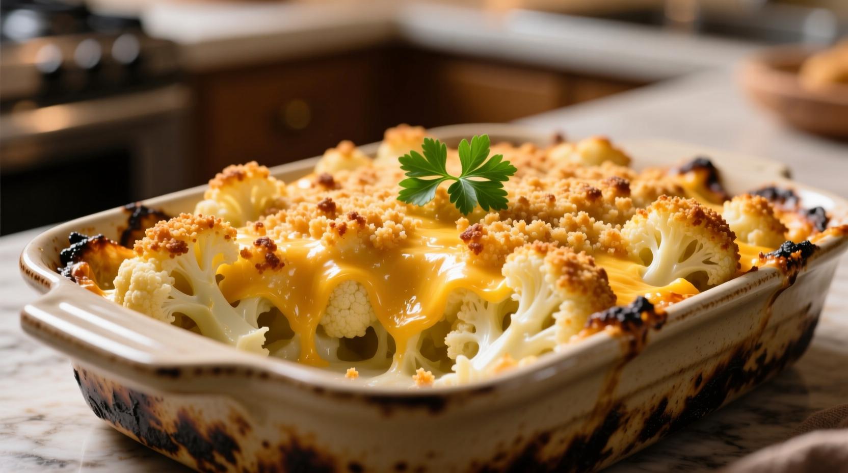 Golden baked cheddar cauliflower casserole with crispy topping