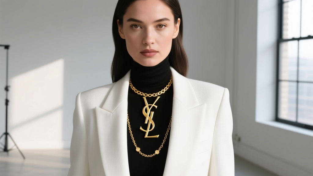 Woman wearing a layered YSL gold logo necklace over a crisp white blazer, paired with a delicate 14k solid gold satellite chain.
