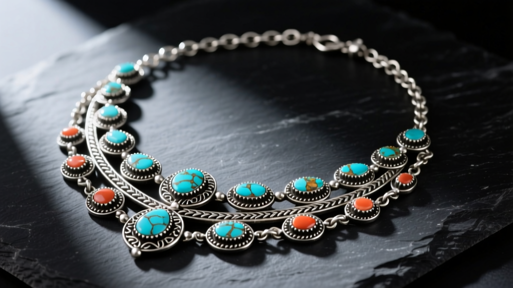 Vintage Tommy Singer sterling silver squash blossom necklace with turquoise and coral chip inlay laid flat on a dark slate surface