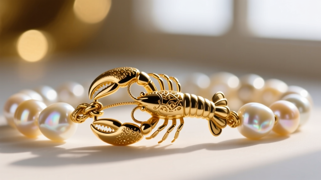 Macro shot of a 14k solid gold lobster clasp securing knotted silk strand of irregular keshi pearls against a blurred background