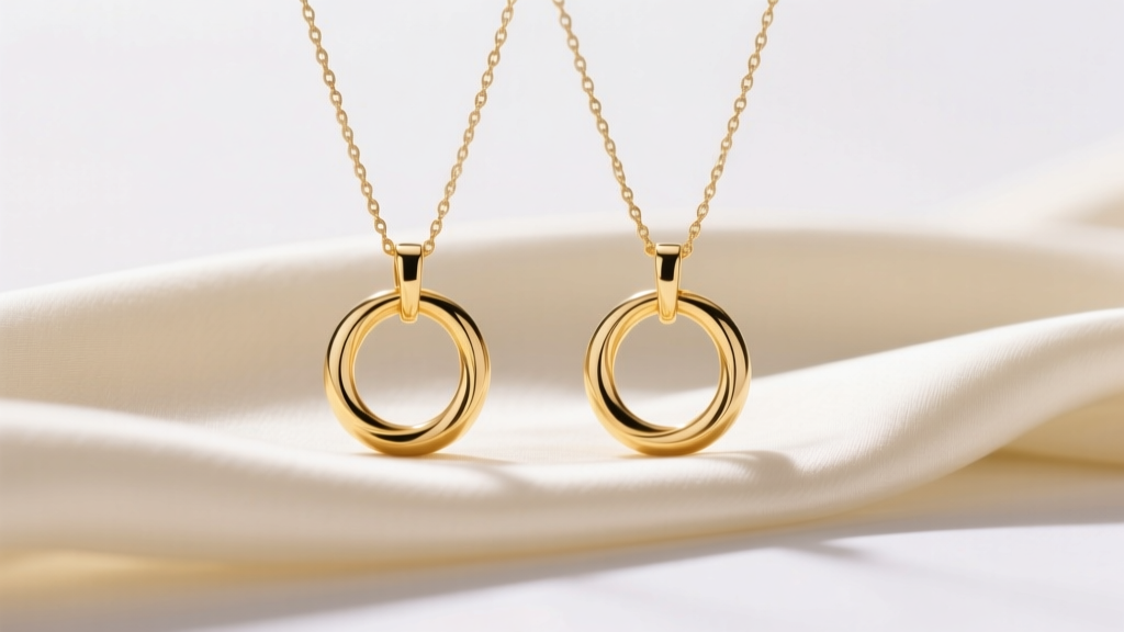Elegant flat lay of two matching 14k solid gold interlocking circle pendants on delicate cable chains, resting on cream silk fabric