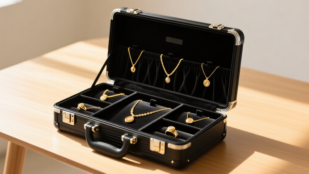 Open black aluminum jewelry travel case showing modular velvet trays filled with gold necklaces and rings on a bright wooden table