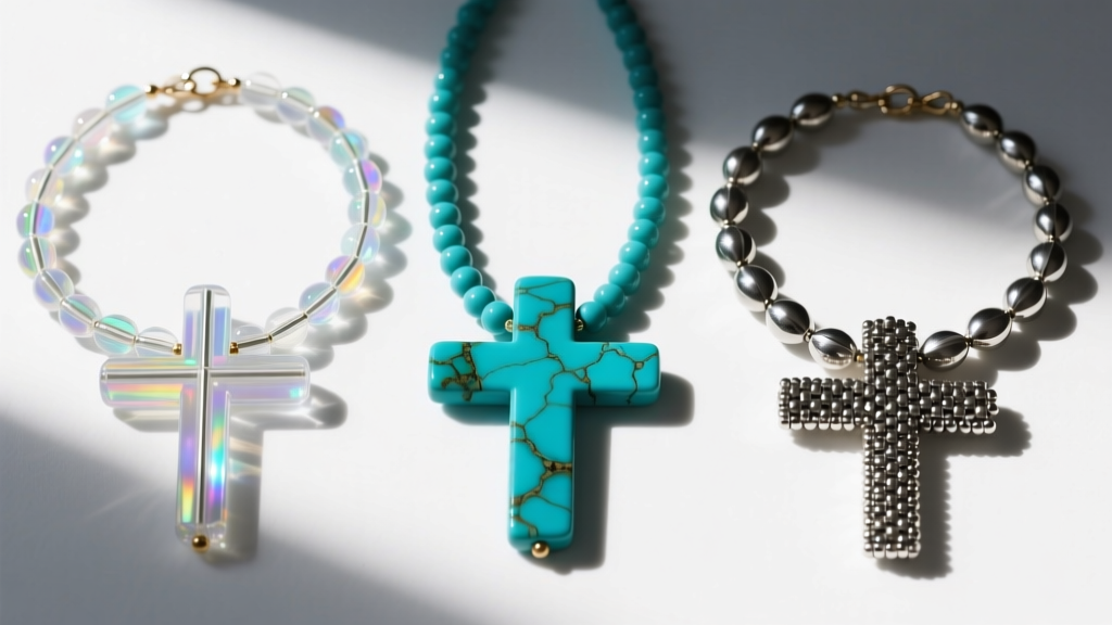 Flat lay of three beaded cross necklaces crafted from translucent resin, natural turquoise, and metallic glass seed beads.