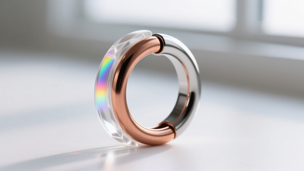 Macro shot of a jump ring with clear UV resin dielectric isolation preventing galvanic corrosion between copper and silver metals