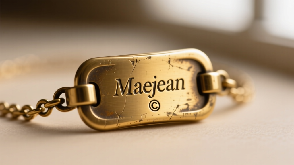 Macro photography of a vintage jewelry hallmark stamped with the word Maejean and a copyright symbol on a brass necklace clasp.
