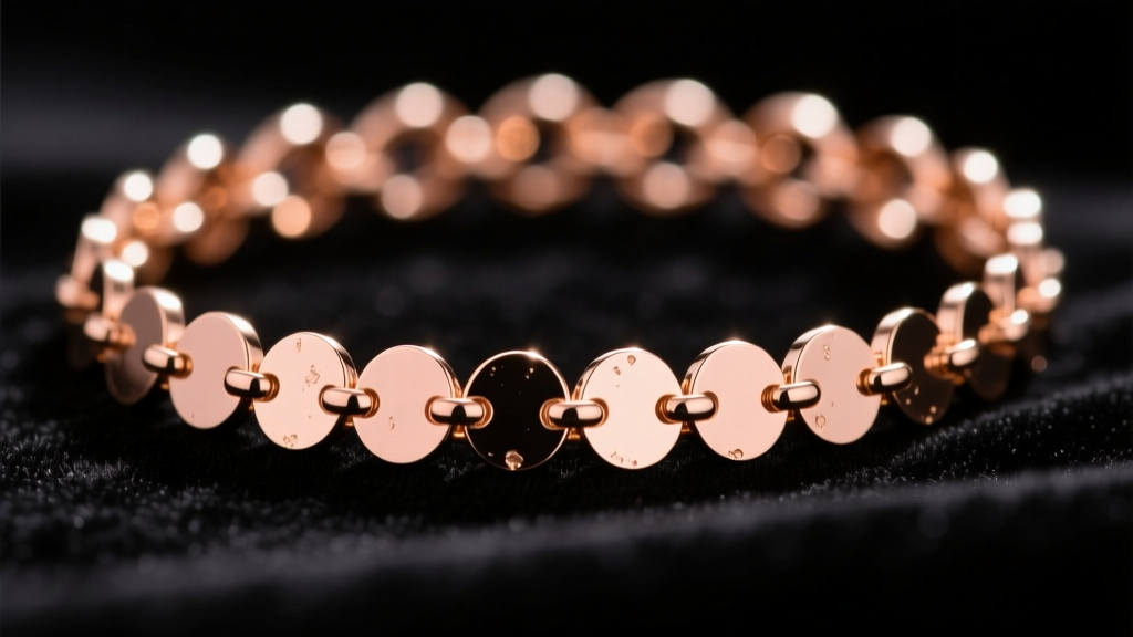Macro shot of a 14k rose gold spangle sequin chain on black velvet, highlighting the flat circular reflective metal links.