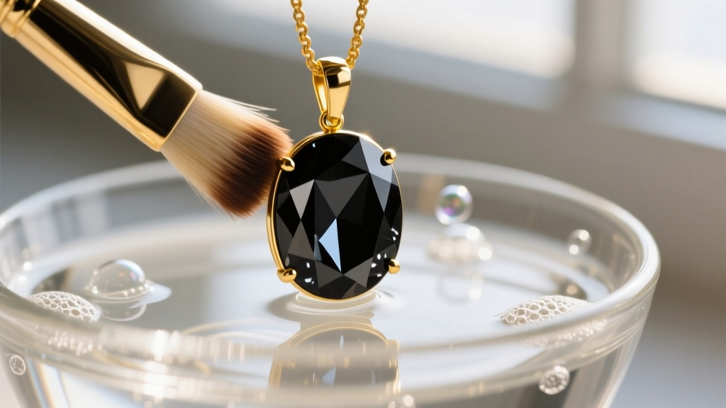 Soft bristle brush gently cleaning a faceted black tourmaline pendant in 14k yellow gold, submerged in a bowl of soapy water.
