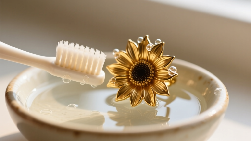 Macro shot of a soft toothbrush cleaning the textured petals of a gold sunflower earring in a small bowl of mild soapy water.