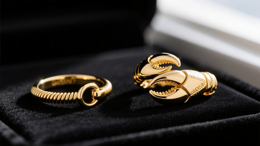 Close-up of a 5mm gold spring ring clasp and lobster clasp side-by-side on a jeweler's bench block under bright lighting