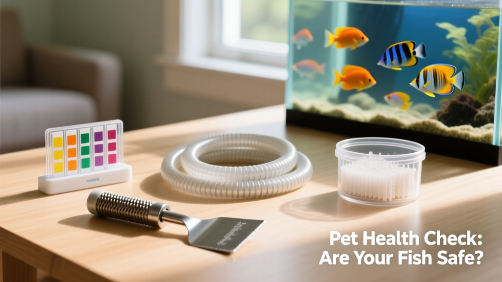 Aquarium maintenance tools including water test kit, siphon hose, algae scraper, and filter media—arranged neatly on a clean surface