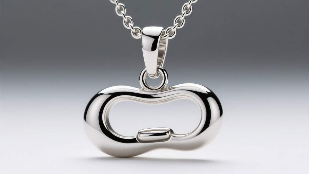 Macro photography of a sterling silver kidney bean necklace bail, showing the laser-welded joint connecting jump ring to pendant.