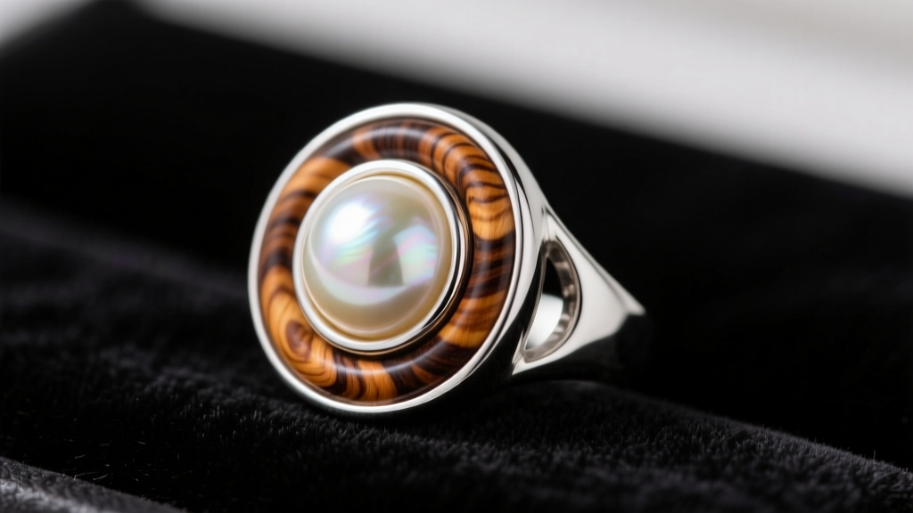 Macro photo of a sterling silver ring with inlaid curly koa wood and a bezel-set freshwater pearl resting on dark velvet cloth