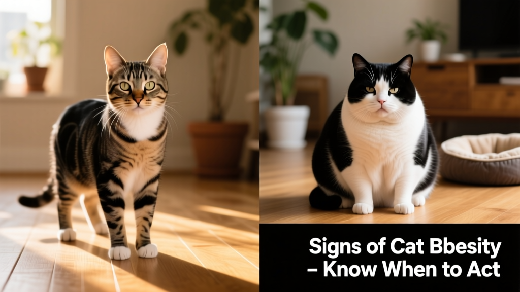 Side-by-side comparison showing a healthy cat with visible waist and belly tuck versus an obese cat with no waist definition and sagging belly fat