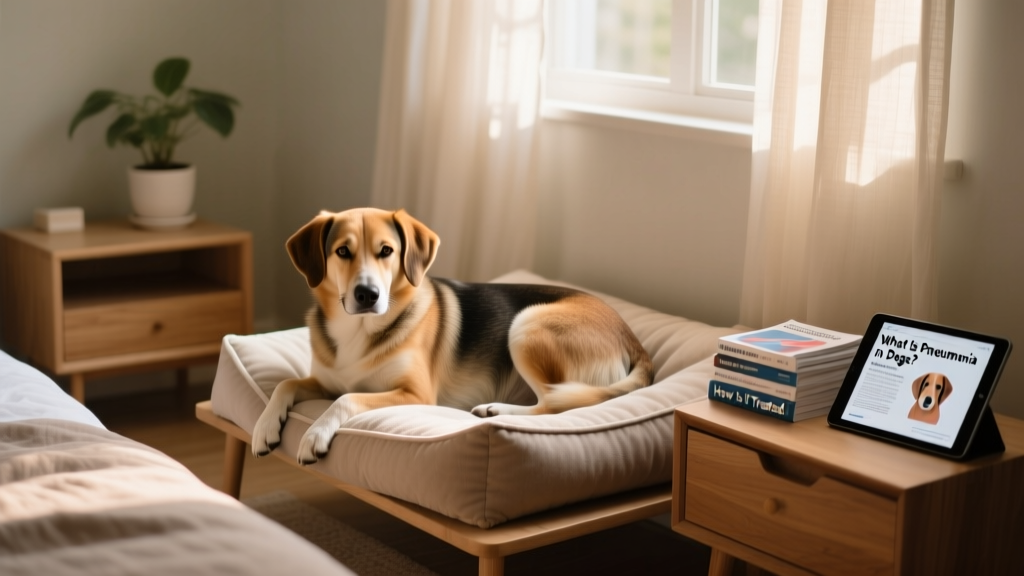 Dog resting calmly on a soft, elevated bed in a quiet room